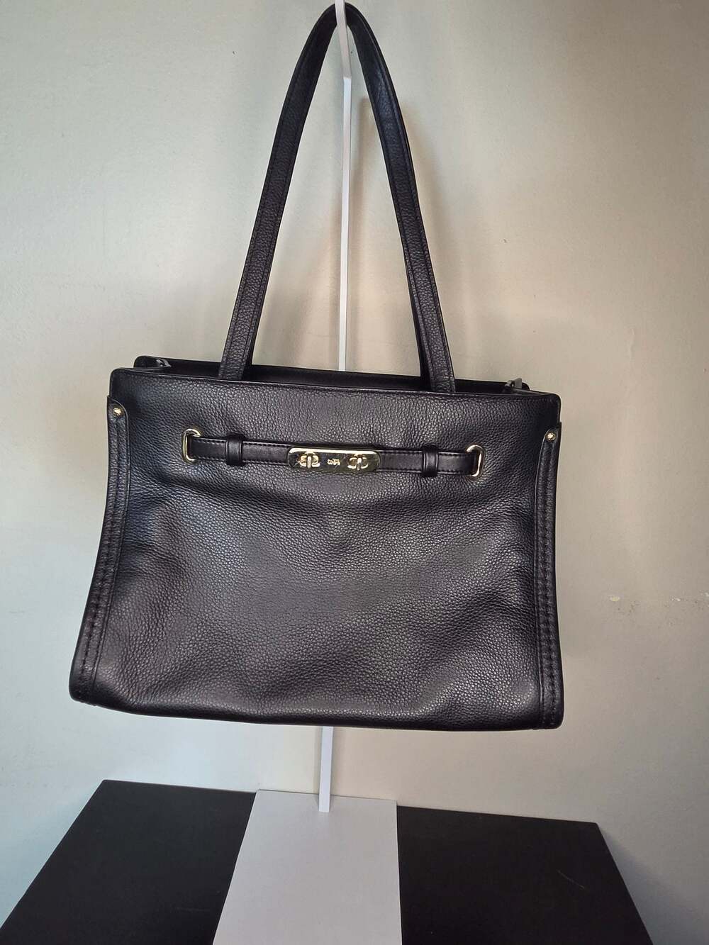 Coach Black Pebbled Leather Turnlock Tote Bag